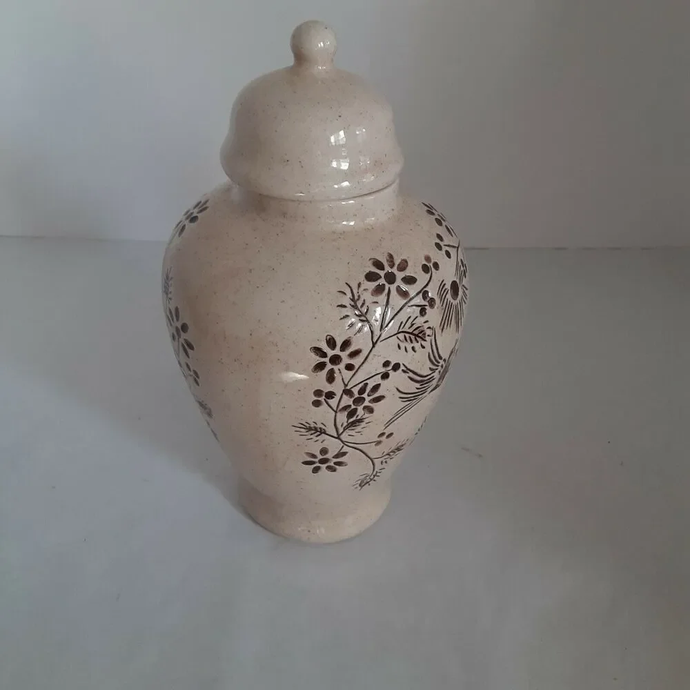 Student Art Hand Etched Pottery Urn With Lid, Mockingbirds Minimalist
